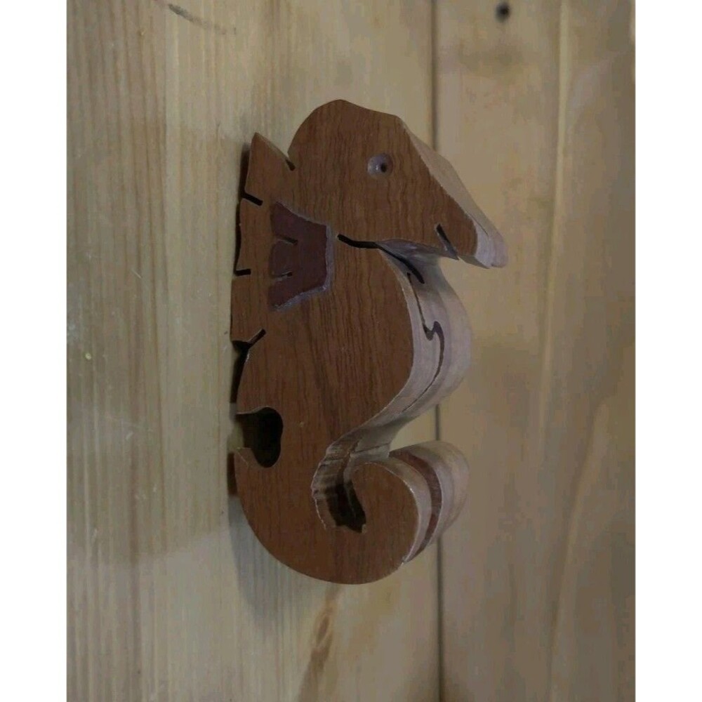 3 Piece Wood Seahorse 4" Puzzle Box Carved Trinket Handcrafted